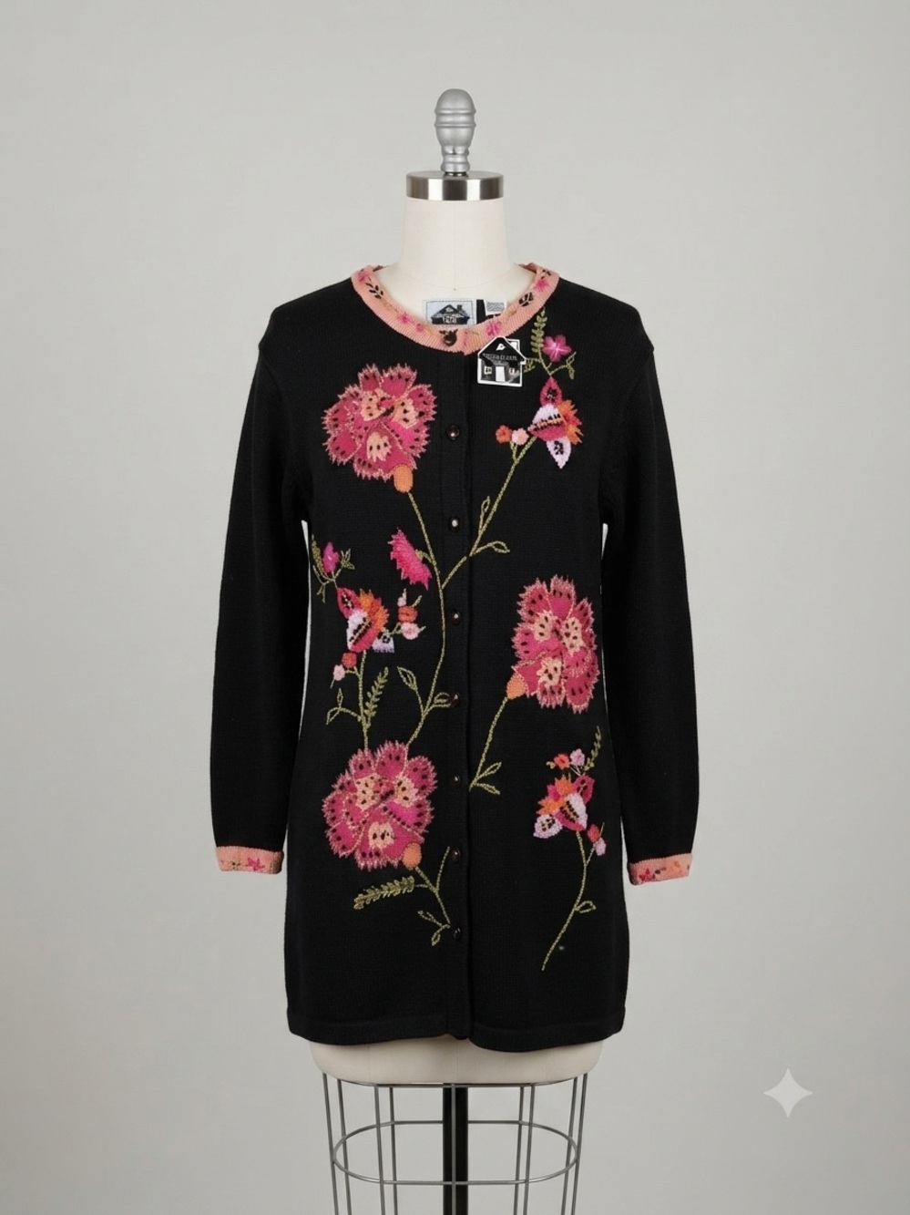 Storybook Knits Floral Embroidered Black Autumn Cardigan Medium NWT